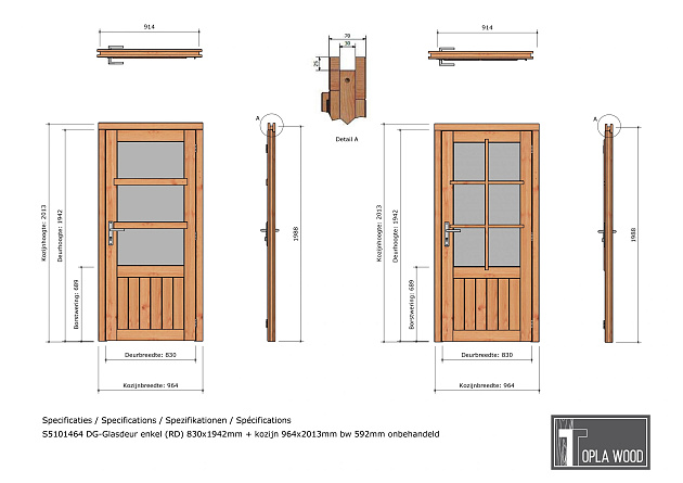 Douglas enkele deur 3-ruits 83x194,2 cm met kozijn onbehandeld rechtsdraaiend (Incl. Hang en Sluitwe