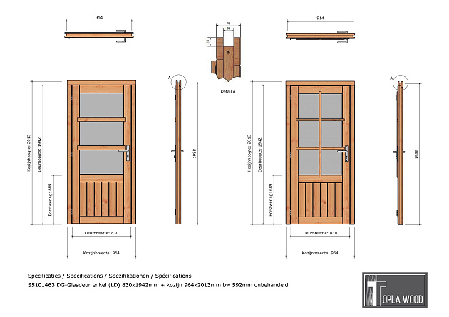 Douglas enkele deur 6-ruits 83x194,2 cm met kozijn onbehandeld linksdraaiend (Incl. Hang en Sluitwe