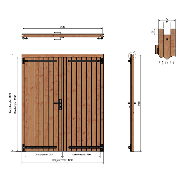 Douglas dubbele dichte deur 156x195 cm met kozijn onbehandel (Incl. Hang en Sluitwerk zwart gecoat)