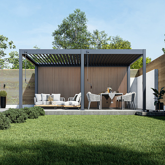 Orion composietwand 265x236 cm voor 265cm kant. Antraciet/Teak