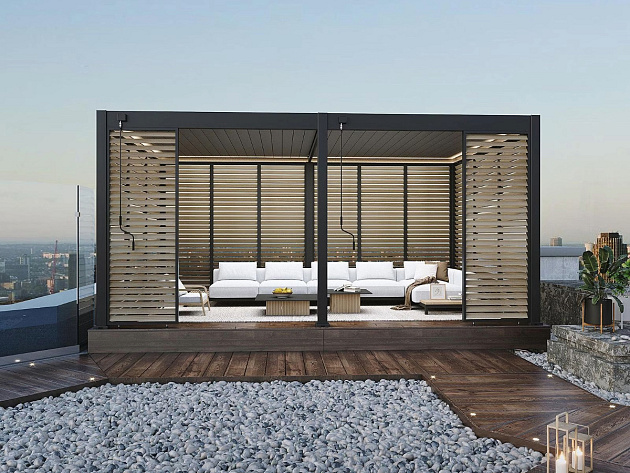 Orion shutterpaneel Kantelbaar - Horizontaal. Voor 400 cm zijkant. 123 cm Antraciet/wood