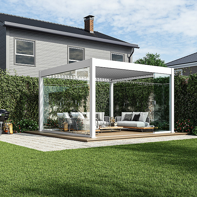 Orion glaswand 300x236 cm Voor 300cm zijkant, verschuifbaar. Wit