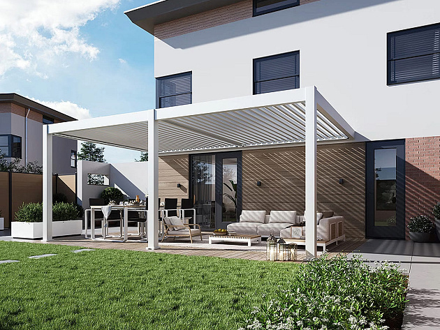 Orion Premium overkapping met elektrisch lamellendak en LED, muurbevestiging 400x800 cm Wit