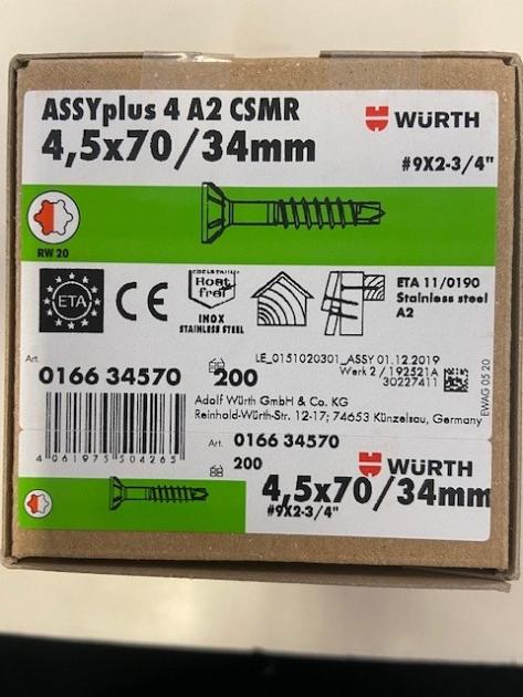 Wurth Spaanplaatschroef boorpunt Assy Plus RVS 4,5x70/34