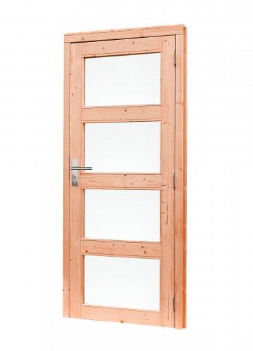 Douglas 4-ruits deur inclusief kozijn, 90 x 201 cm., rechtsdraaiend, onbehandeld