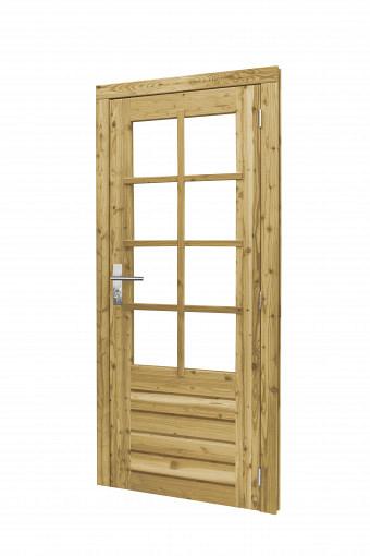 Douglas enkele deur 8-ruits incl. kozijn, 90 x 201 cm. rechtsdraaiend, groen geïmpregneerd