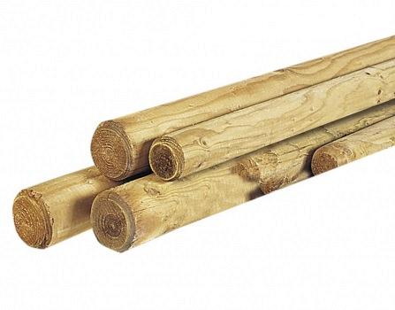 Ronde paal Ø 10 x 400 cm., cilindrisch gefreesd, haaks gekort, 1 zijde gekroond
