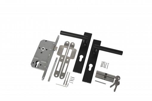 RVS luxe deurbeslagset zwart gecoat. SKG keurmerk met slotkast, cilinder en slot. Incl. duimen.