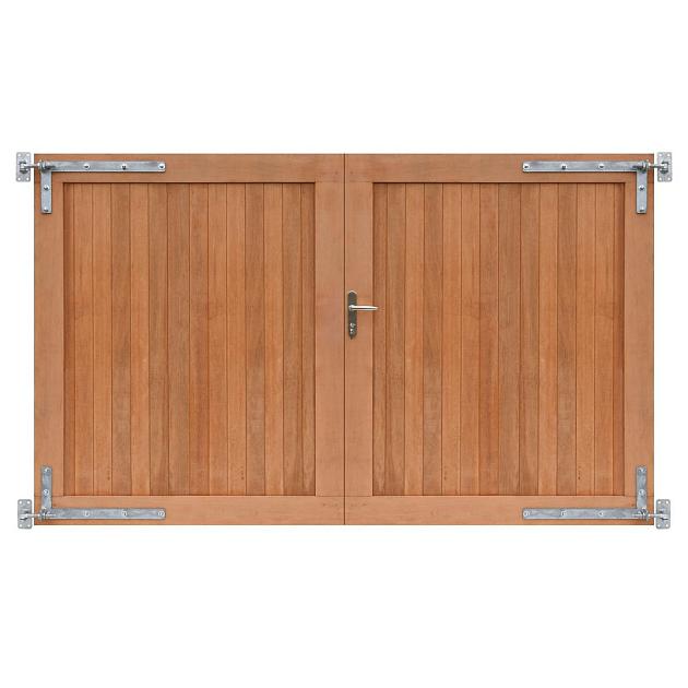 Hardhouten dubbele toegangspoort verticaal geschaafd onbehandeld 300x180 cm incl. beslag