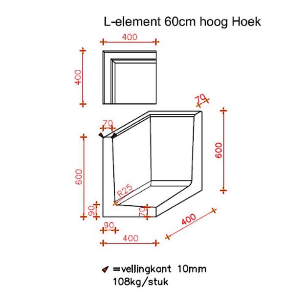 L-Hoekelement 40x40x60 cm (L x Voet x H) Grijs