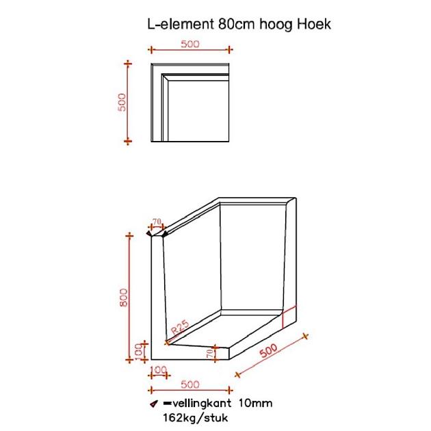 L-Hoekelement 50x50x80 cm (L x Voet x H) Roestbruin