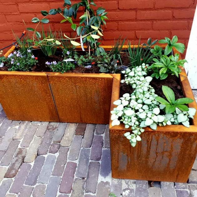 Cortenstaal L-vormige plantenbak Kansas 40, 120x80x30 cm met bodemplaat