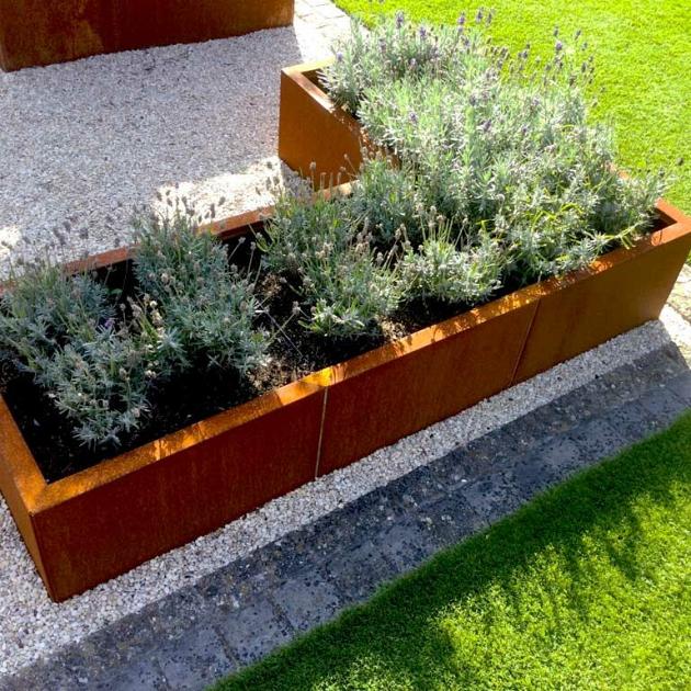 Cortenstaal L-vormige plantenbak Kansas 70, 210x140x70 cm geen bodemplaat