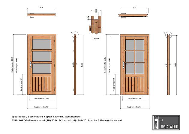 Douglas enkele deur 6-ruits 83x194,2 cm met kozijn onbehandeld rechtsdraaiend (Incl. Hang en Sluitwe