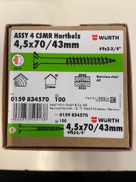 Wurth schroef eco ass 4 RVS a2 hardhout 4,5x70/43
