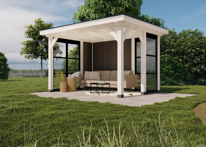 3625 buitenverblijf barcelona dakmaat 4310x3310mm staandermaat 3770x2770mm wit steellook  rechterzijde