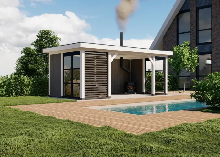 3640 buitenverblijf rome dakmaat 6900x3740 mm staandermaat 6395x3270 mm wit linkerzijde veraf