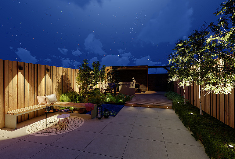 Nieuwbouwtuin 's avonds voorzien van kant & klaar verlichtingspakket 2